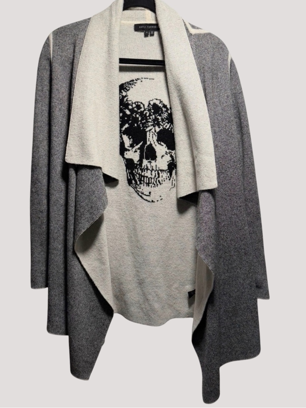Skull Cashmere Intarsia Skull Draped Open Front Cardigan Sweater